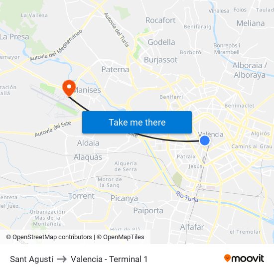 Sant Agustí to Valencia - Terminal 1 map