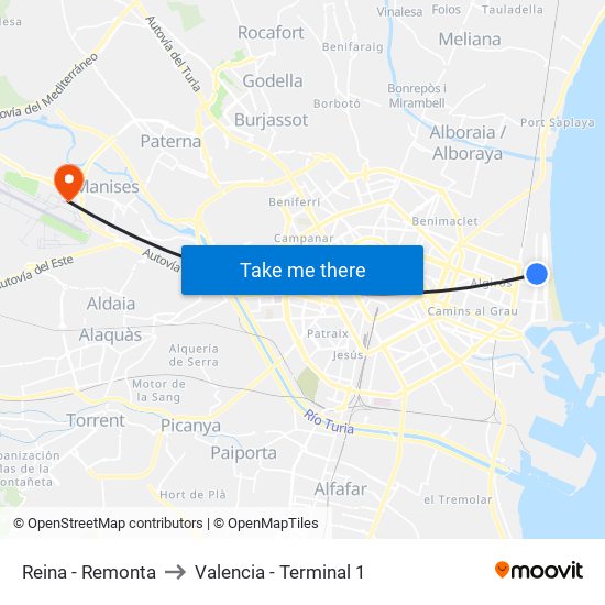 Reina - Remonta to Valencia - Terminal 1 map