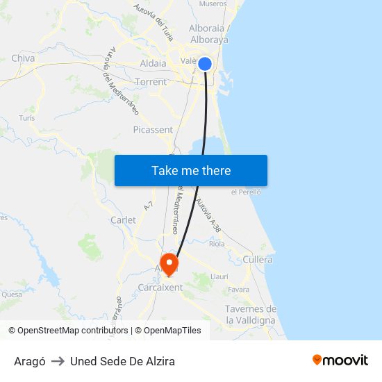 Aragó to Uned Sede De Alzira map