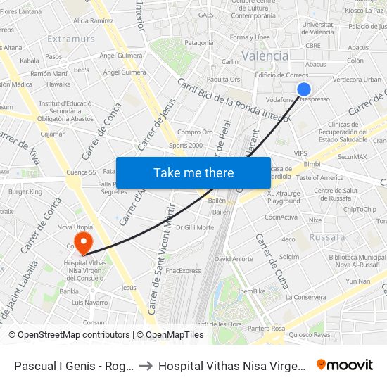 Pascual I Genís - Roger De Llòria to Hospital Vithas Nisa Virgen Del Consuelo map