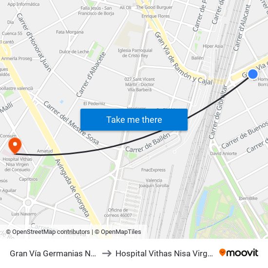 Gran Vía Germanias Nº 41 [València] to Hospital Vithas Nisa Virgen Del Consuelo map