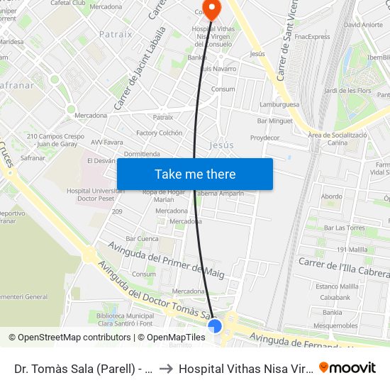 Doctor Tomás Sala (Parell) - Sant Vicent Màrtir to Hospital Vithas Nisa Virgen Del Consuelo map