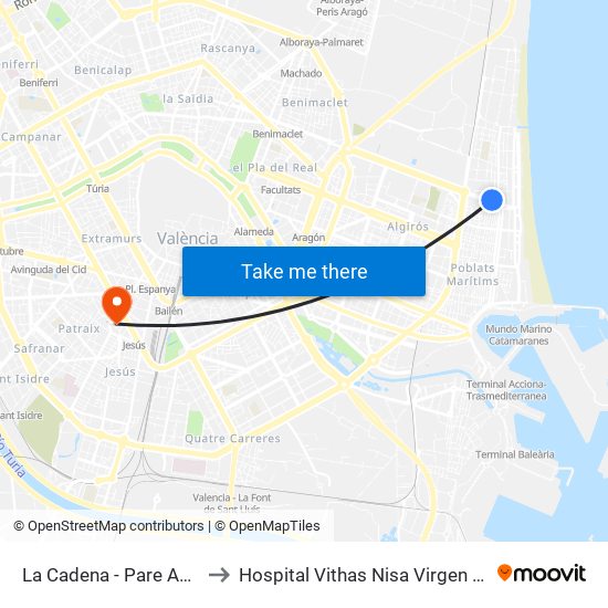 La Cadena - Pare Antón Martí to Hospital Vithas Nisa Virgen Del Consuelo map