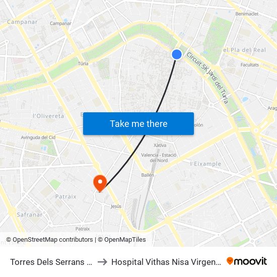 Torres Dels Serrans - Les Corts to Hospital Vithas Nisa Virgen Del Consuelo map