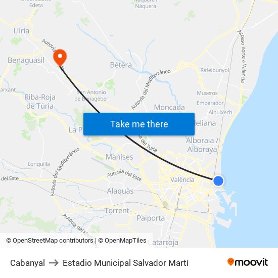 Cabanyal to Estadio Municipal Salvador Martí map