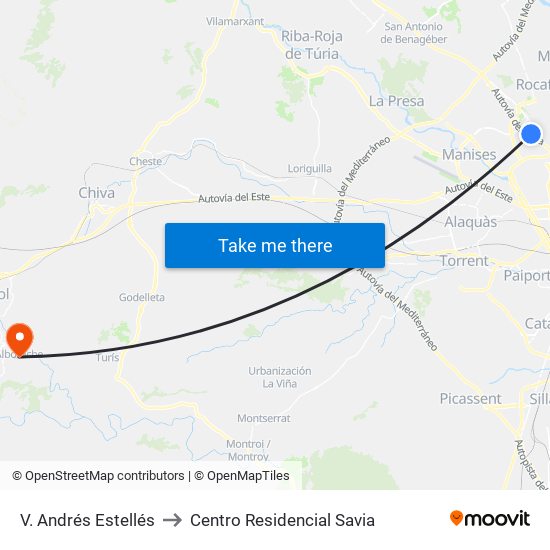 V. Andrés Estellés to Centro Residencial Savia map