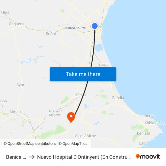 Benicalap to Nuevo Hospital D'Ontinyent (En Construcción) map