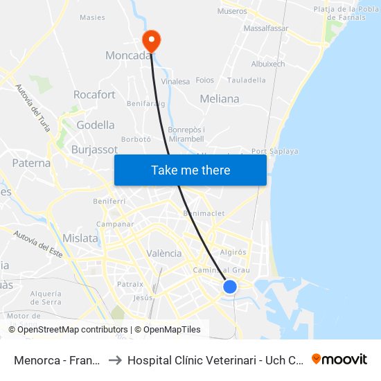 Menorca - França to Hospital Clínic Veterinari - Uch Ceu map
