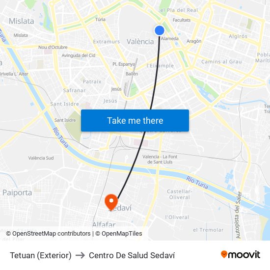 Tetuan (Exterior) to Centro De Salud Sedaví map