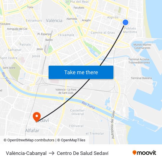 València-Cabanyal to Centro De Salud Sedaví map