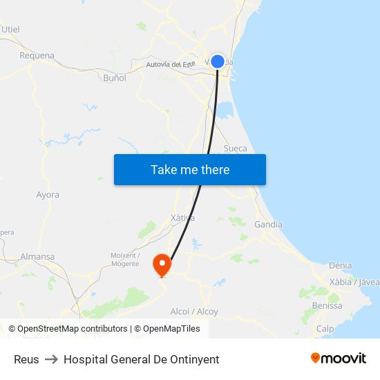 Reus to Hospital General De Ontinyent map