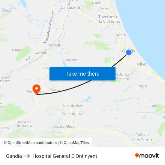 Gandía to Hospital General D'Ontinyent map