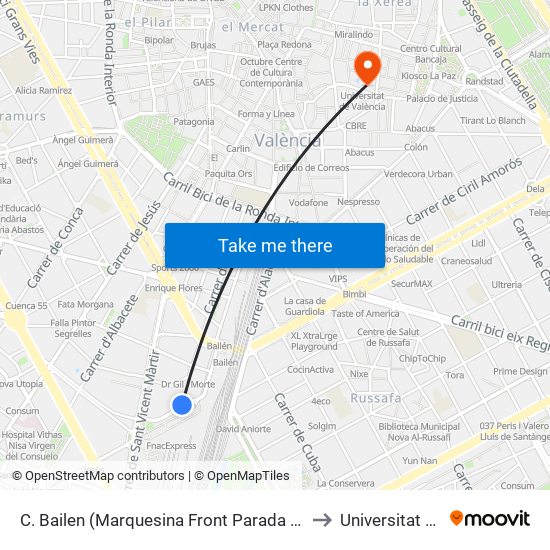 C. Bailen (Marquesina Front Parada Taxis) Estació Ave [València] to Universitat De València map