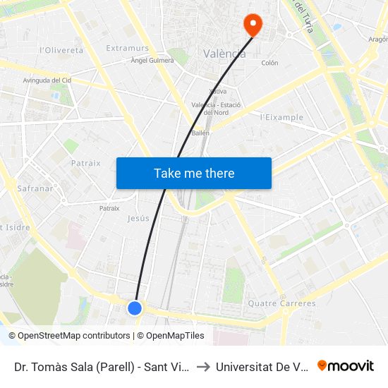 Doctor Tomás Sala (Parell) - Sant Vicent Màrtir to Universitat De València map