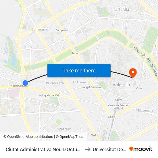 Ciutat Administrativa Nou D'Octubre - Lluís Lamarca to Universitat De València map