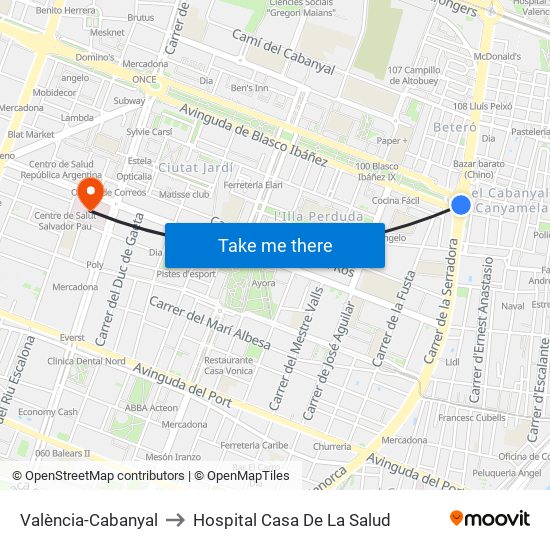 València-Cabanyal to Hospital Casa De La Salud map