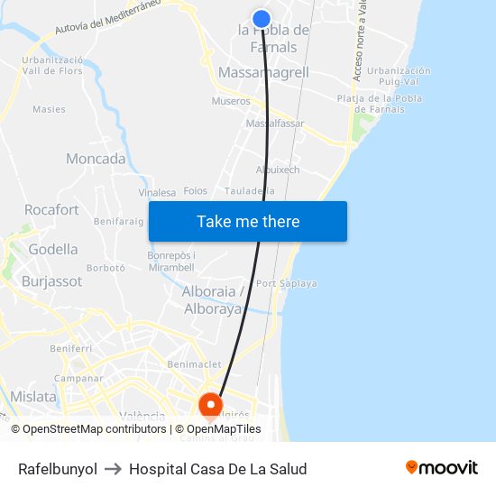 Rafelbunyol to Hospital Casa De La Salud map