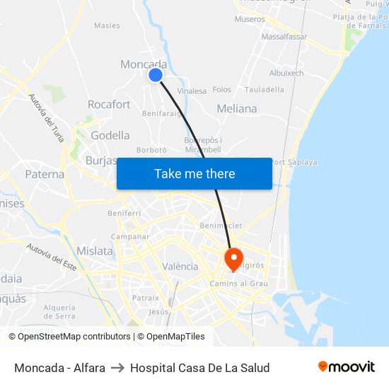 Moncada - Alfara to Hospital Casa De La Salud map