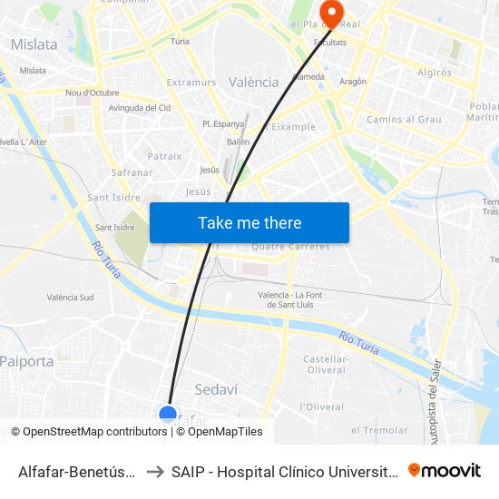 Alfafar-Benetússer to SAIP - Hospital Clínico Universitatio map