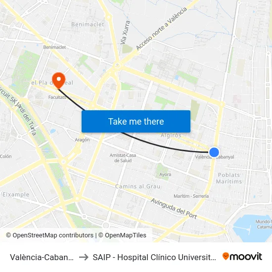 València-Cabanyal to SAIP - Hospital Clínico Universitatio map