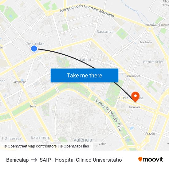 Benicalap to SAIP - Hospital Clínico Universitatio map