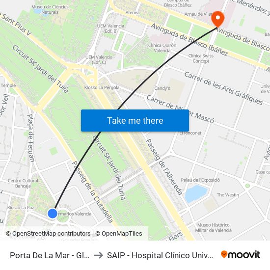 Porta De La Mar - Glorieta to SAIP - Hospital Clínico Universitatio map