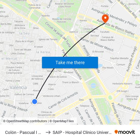 Colón - Pascual I Genís to SAIP - Hospital Clínico Universitatio map