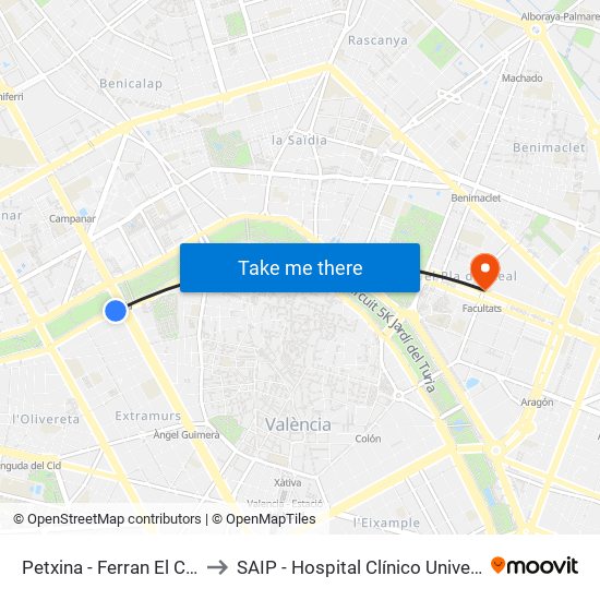 Petxina - Ferran El Catòlic to SAIP - Hospital Clínico Universitatio map