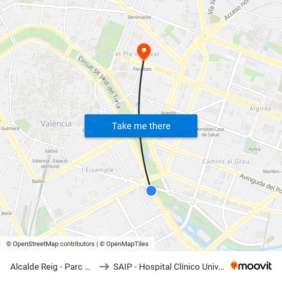 Alcalde Reig - Parc Gulliver to SAIP - Hospital Clínico Universitatio map