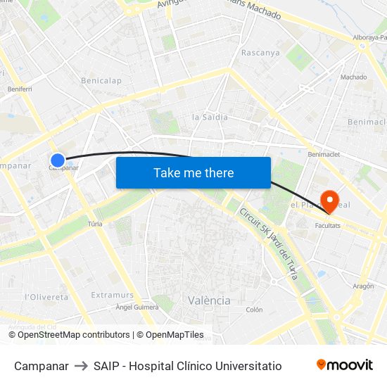 Pius XII (Imparell) - Metro Campanar to SAIP - Hospital Clínico Universitatio map