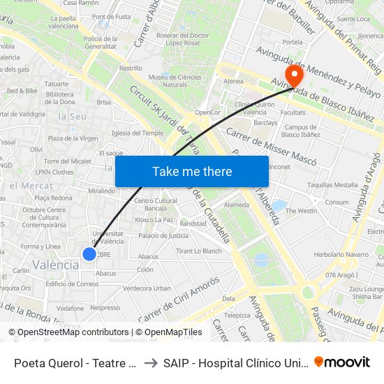 Poeta Querol - Teatre Principal to SAIP - Hospital Clínico Universitatio map