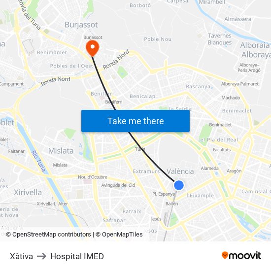 Xàtiva to Hospital IMED map