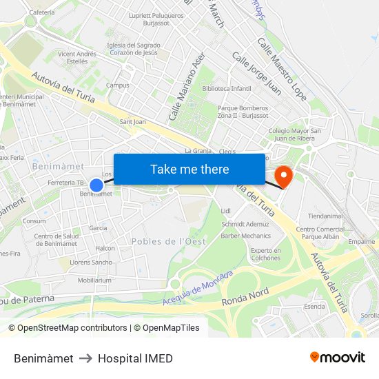 Benimàmet to Hospital IMED map