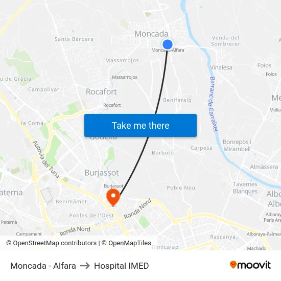 Moncada - Alfara to Hospital IMED map