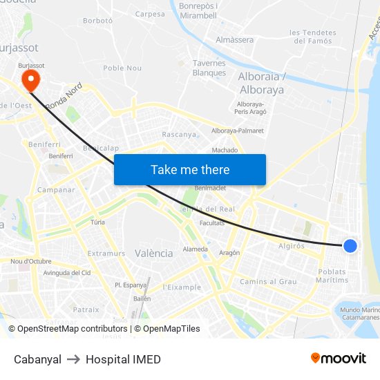 Cabanyal to Hospital IMED map