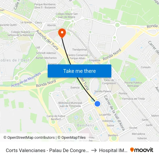 Corts Valencianes - Palau De Congressos to Hospital IMED map