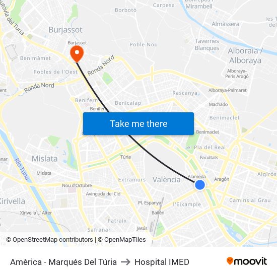 Plaça D'Amèrica - Marqués Del Túria to Hospital IMED map