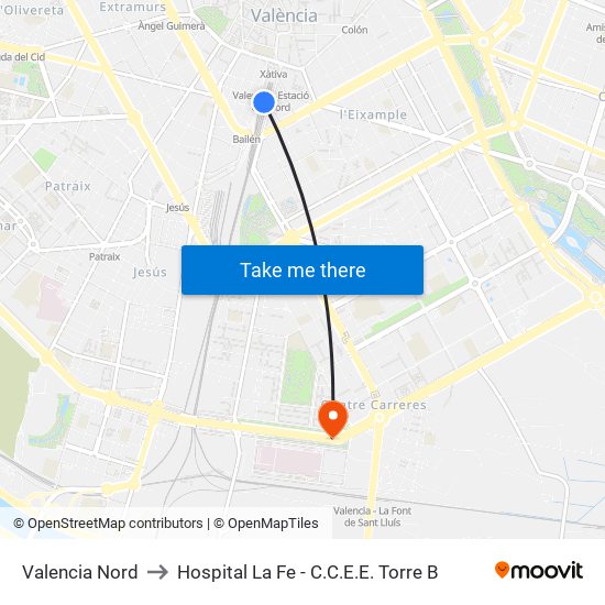 Valencia Nord to Hospital La Fe - C.C.E.E. Torre B map