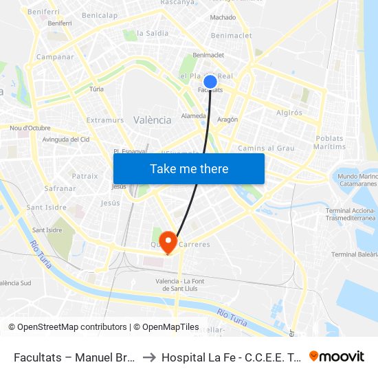 Facultats – Manuel Broseta to Hospital La Fe - C.C.E.E. Torre B map