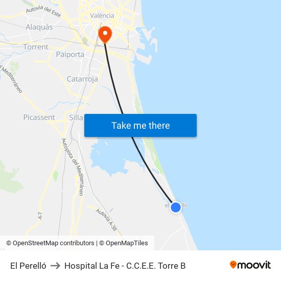 El Perelló to Hospital La Fe - C.C.E.E. Torre B map
