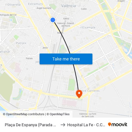 Plaça De Espanya (Parada Metro) [València] to Hospital La Fe - C.C.E.E. Torre B map