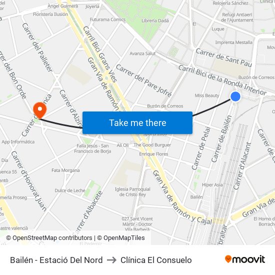 Bailén - Estació Del Nord to Clínica El Consuelo map