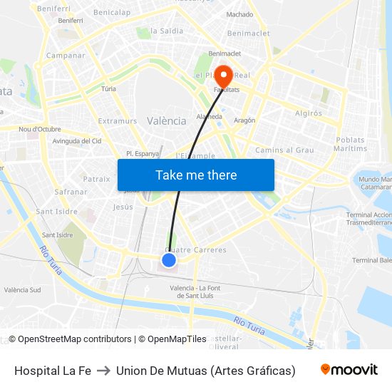 Hospital La Fe to Union De Mutuas (Artes Gráficas) map
