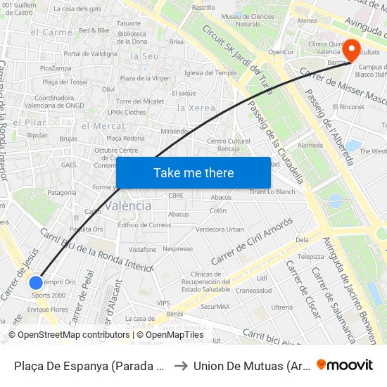 Plaça De Espanya (Parada Metro) [València] to Union De Mutuas (Artes Gráficas) map