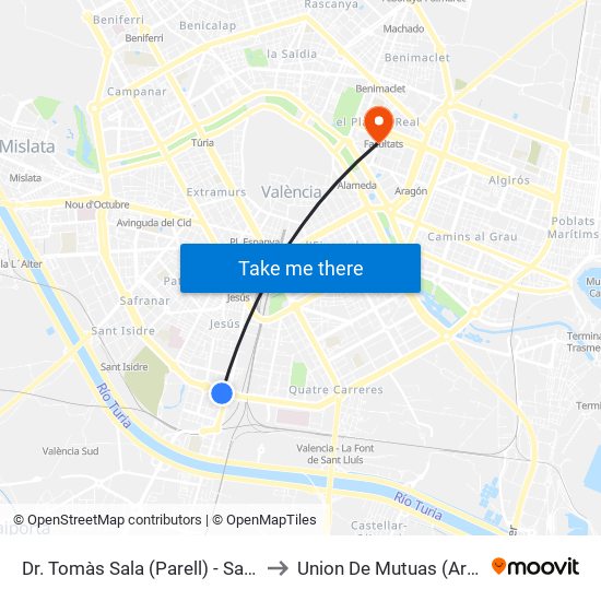 Doctor Tomás Sala (Parell) - Sant Vicent Màrtir to Union De Mutuas (Artes Gráficas) map