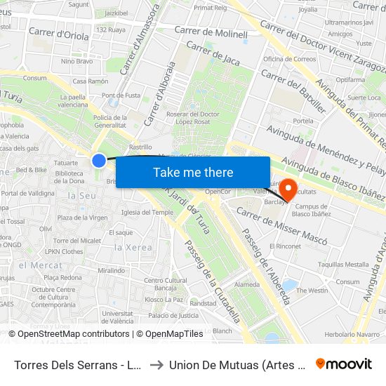 Torres Dels Serrans - Les Corts to Union De Mutuas (Artes Gráficas) map
