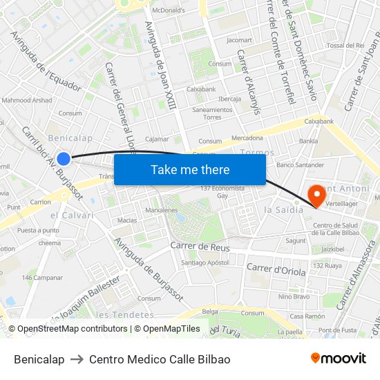 Benicalap to Centro Medico Calle Bilbao map