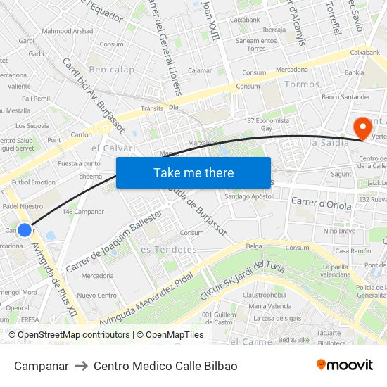 Pius XII (Imparell) - Metro Campanar to Centro Medico Calle Bilbao map