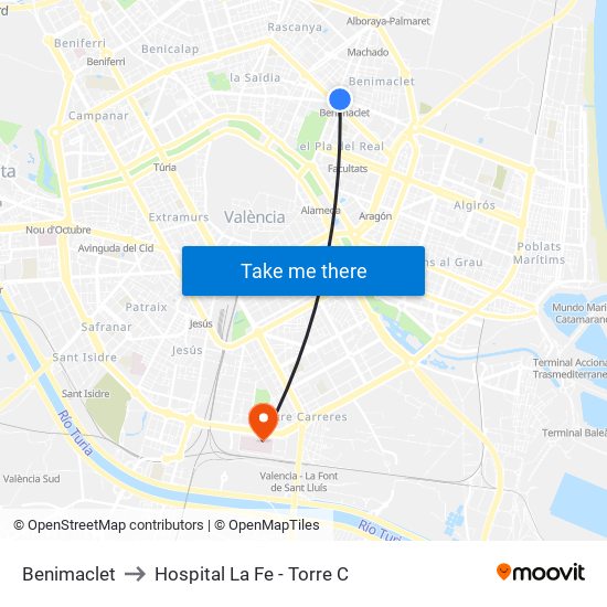 Benimaclet to Hospital La Fe - Torre C map