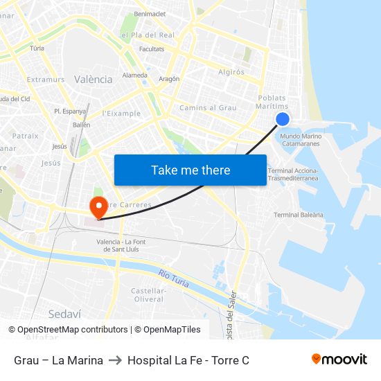 Grau – La Marina to Hospital La Fe - Torre C map